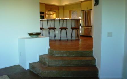 view of kitchen from sunken family room